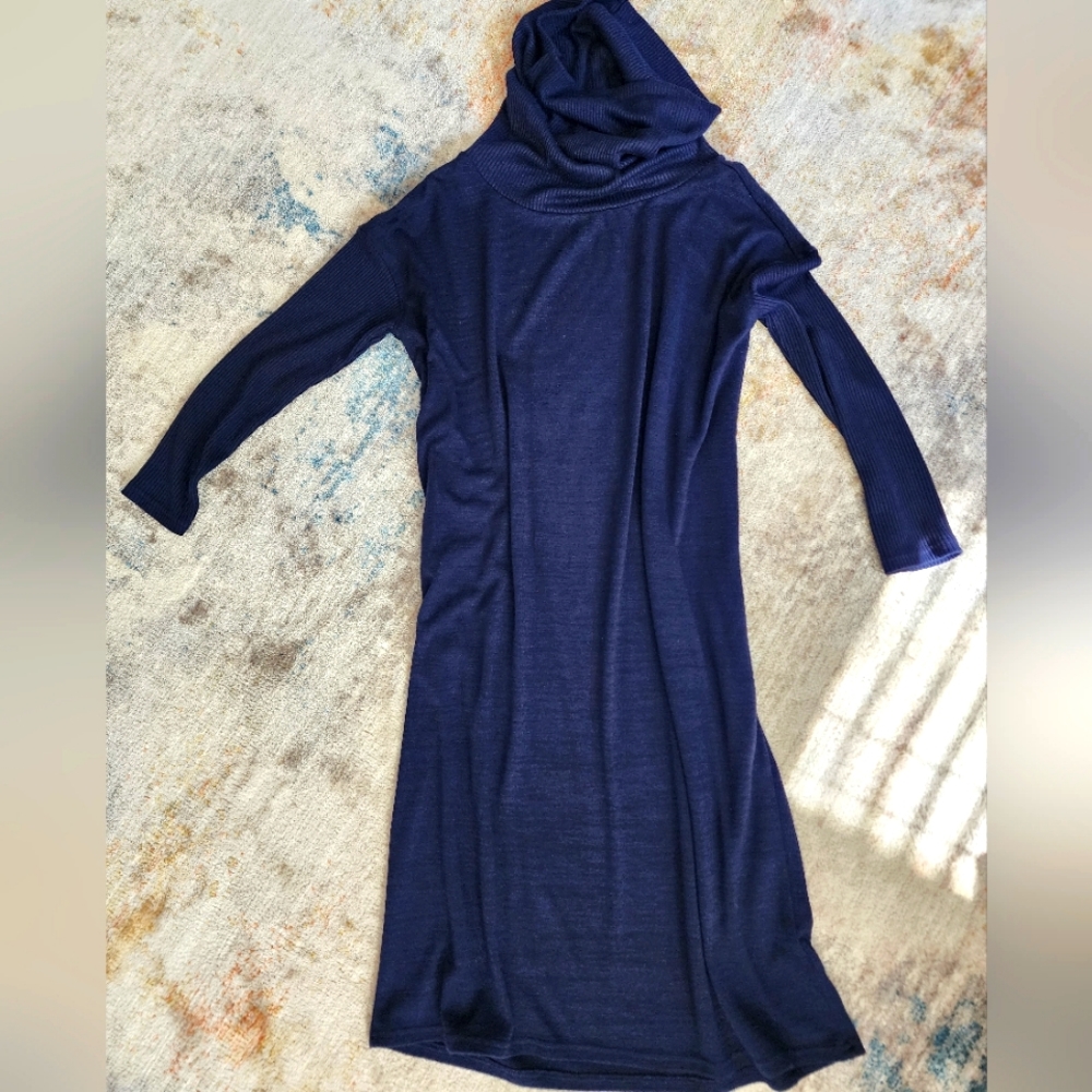 ** 2/$25 ** GAP 3/4 Sleeve Cowl-Neck Navy Blue Luxe Jersey Rib-Knit Midi Dress